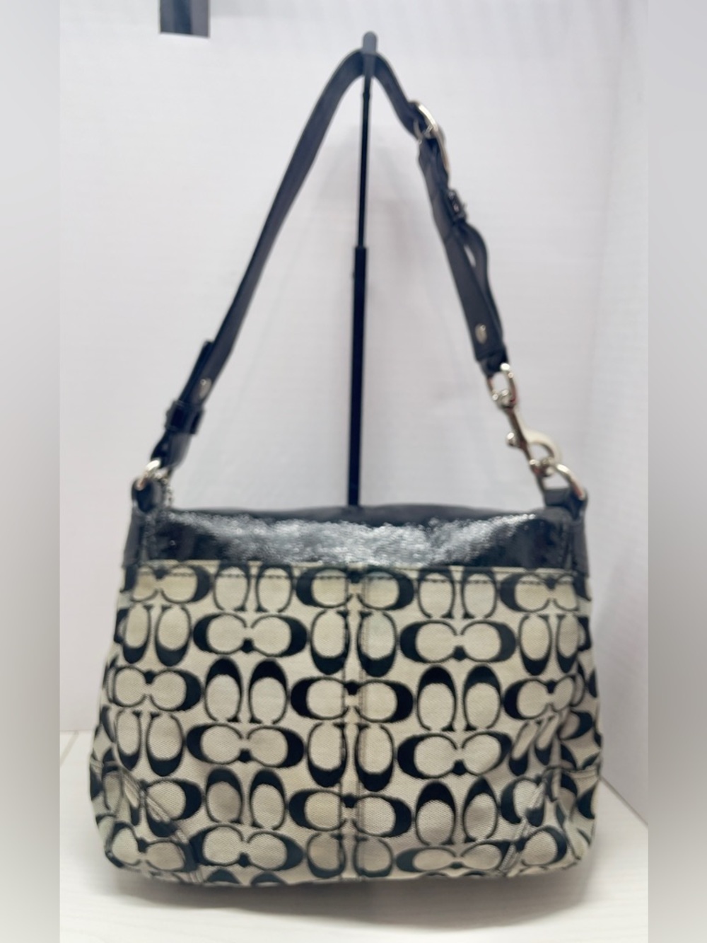 Coach Bleecker 2008 Signature Flap Shoulder Bag 12562 Black Patent Trim, Buckle - Picture 3 of 14